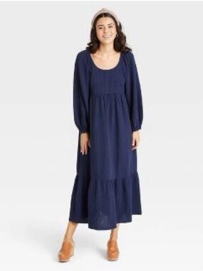 UNIVERSAL THREAD Navy Scoop-Neck Puff-Sleeve Boho Gauzy Maxi Dress - M